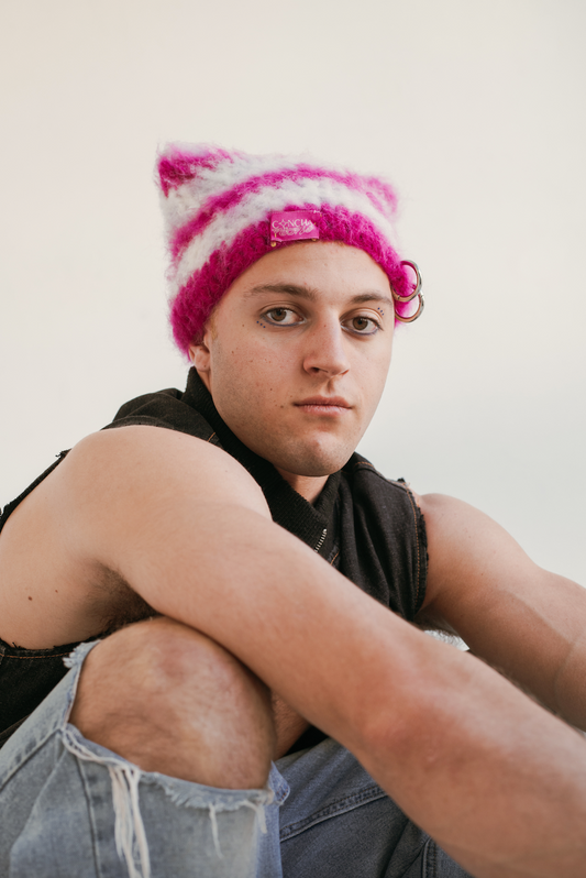 100% Alpaca Pink and White Cat Hat