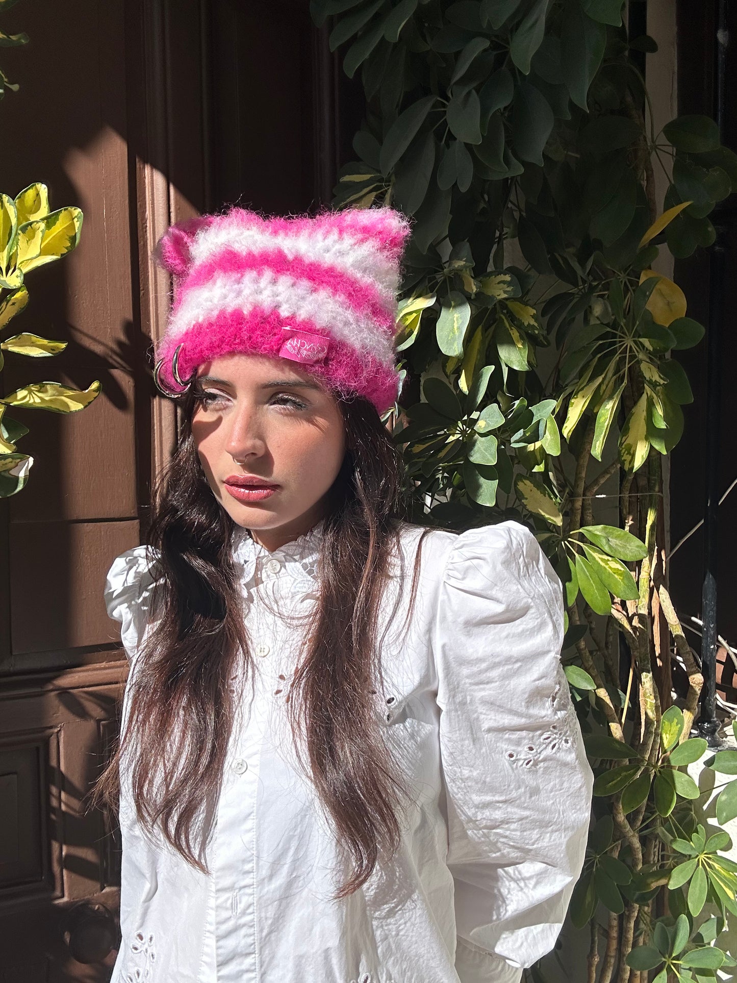 100% Alpaca Pink and White Cat Hat